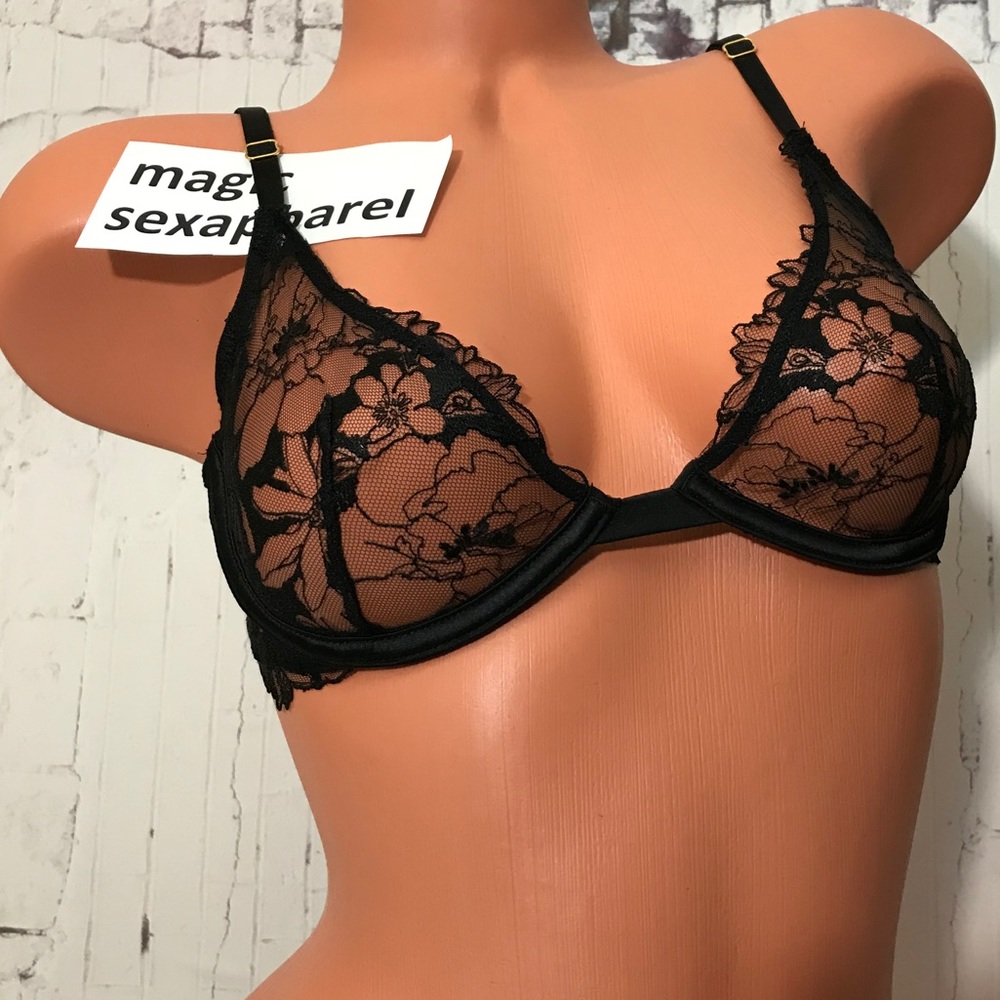 VS 34 36 LUXE DEMI SATIN MESH EMBROIDERY LACE PLUNGE BRA